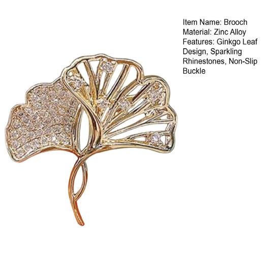 Women Brooch High-Gloss Rhinestone Inlay Sparkling Ginkgo Leaf Design Lapel Pin Non-Slip Buckle Scarf Badge Clothing Bags Accessories