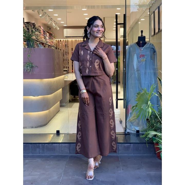 Women Summer Session Shirt Style Cord Set with Embroidery Pure Cotton Palazzo VSO-1733 C