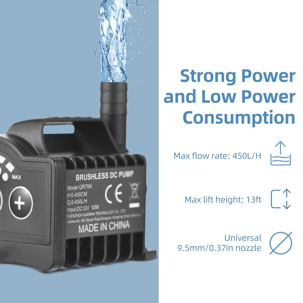 Submersible 12V Water Pump 8 Levels Adjustable 0 700L H Small Fountain Pump with 0 9.8ft Lift, 6.5ft DC Female Plug and