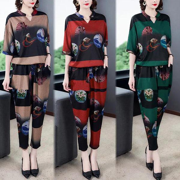 Ensemble deux pièces pour femmes, haut à manches courtes, pantalon court, ample et décontracté, grande taille, costume imprimé, printemps et été, M-4XL