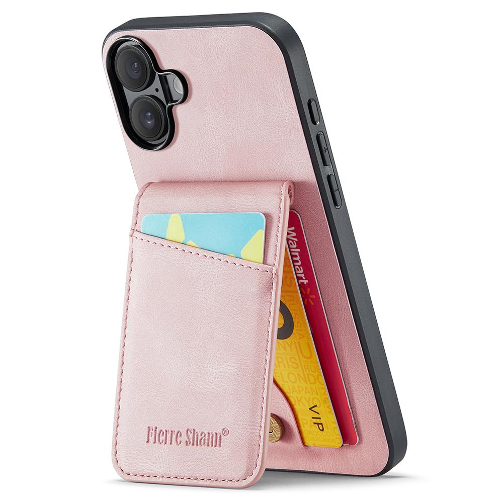 FIERRE SHANN For iPhone 16 Plus Case Card Holder Kickstand Leather RFID Blocking Back Cover