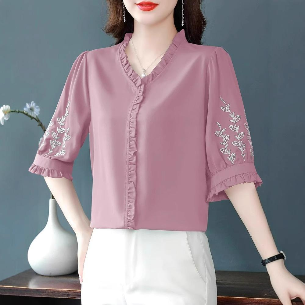 Embroidered Mid-sleeved Shirt Women's Summer Loose-fitting Belly-covering Small Shirt Western Style Chiffon Top Clothes