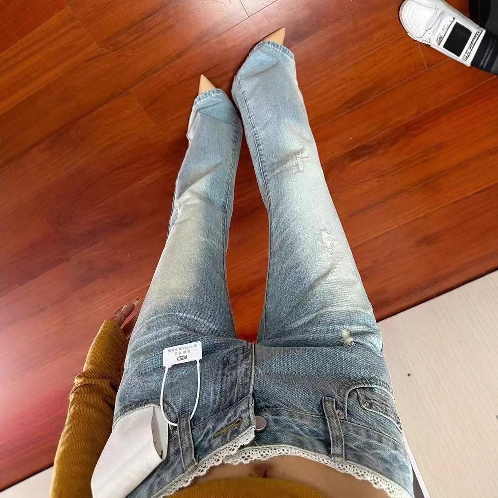 Women's Light Wash Ripped Low Waist Stretch Micro Flare Jeans - Summer 2025 Edition