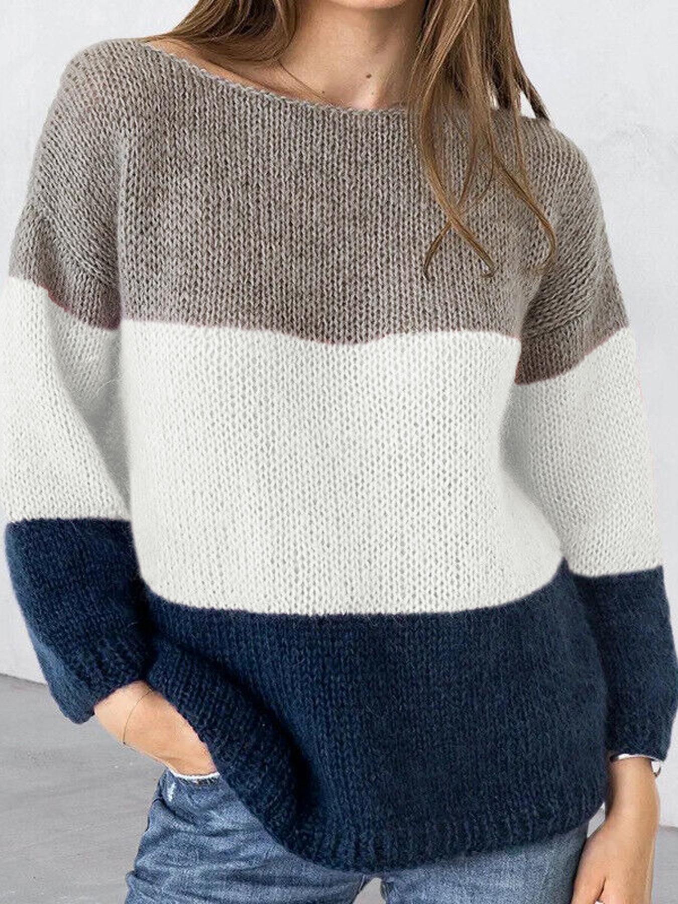 полосатый свитер вязаный свитер модный дизайн тонкий пуловер топ круглый вырез XXL белый