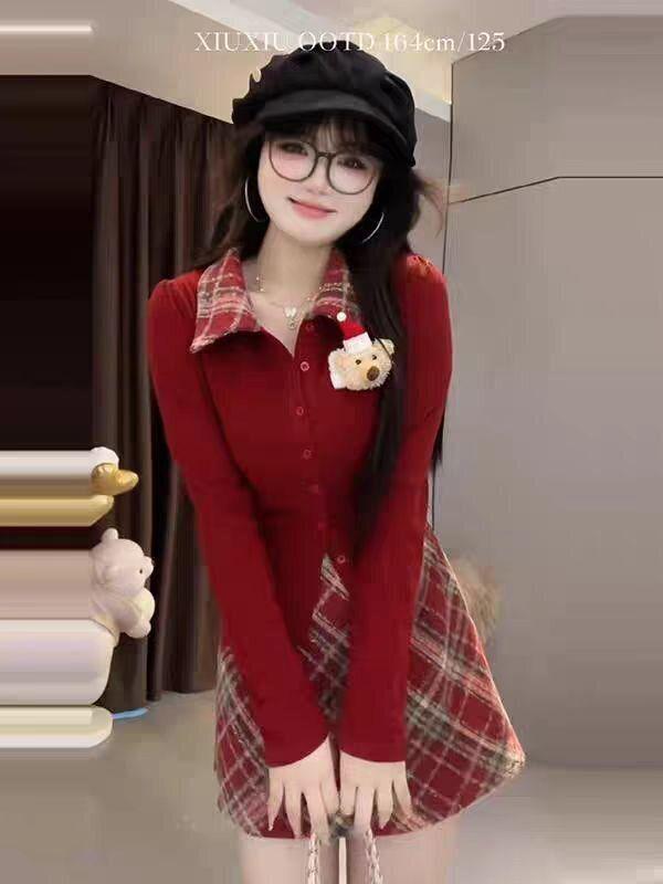 

Plus Size Academy Style Set: 3D Little Bear Knitwear & Plaid Mini Skirt for Women L (100-115 Jin)