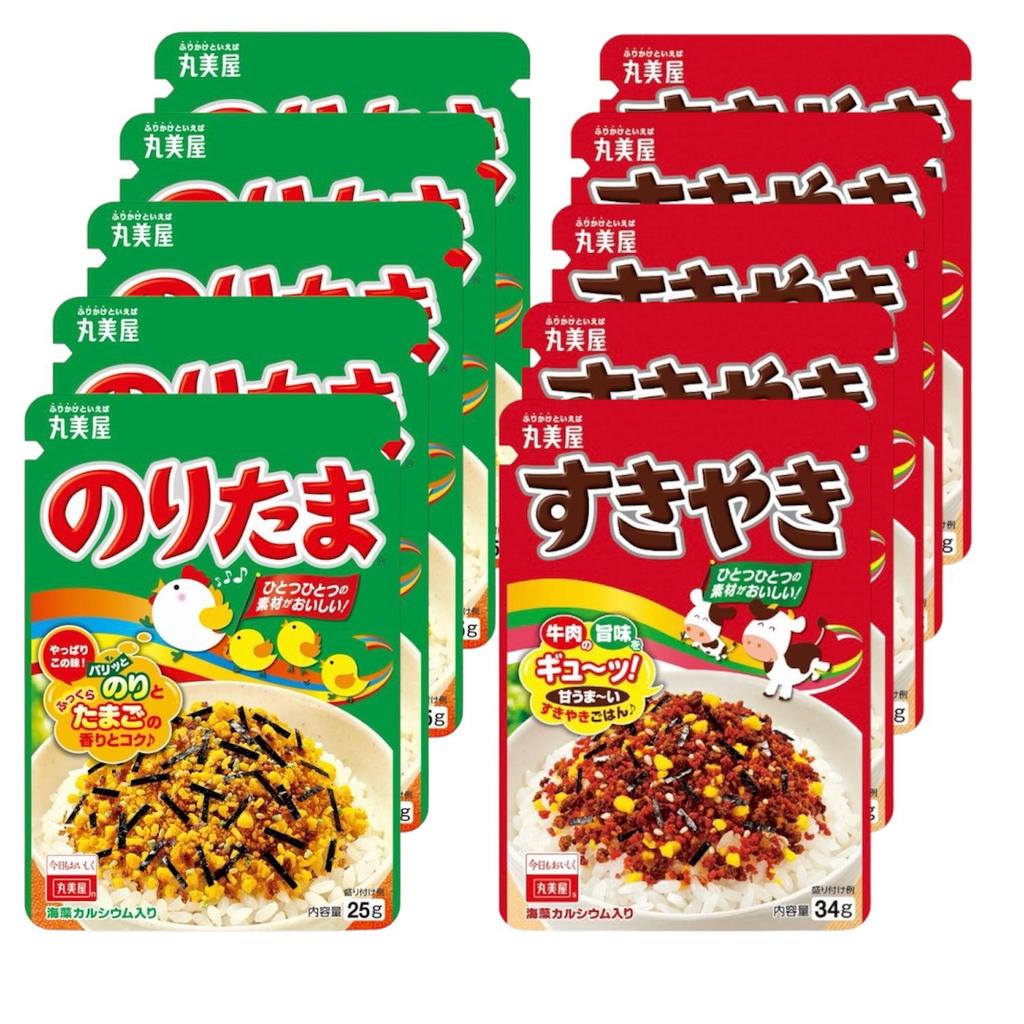 Marumiya Japanese Furikake Rice Seasoning Set, Noritama (Egg) & Sukiyaki (Beef) Flavor, Authentic Rice Toppings, 2/6/10 Packs