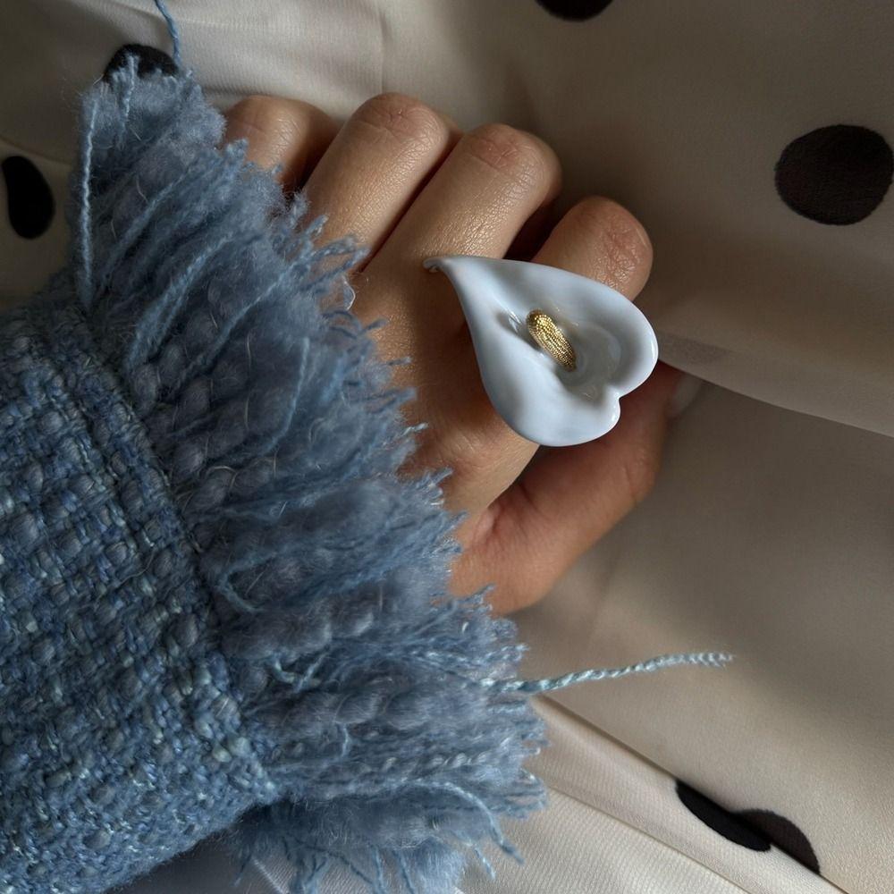 Metal Enamel Calla Flower Ring Adjustable Vintage Ring Personality Geometric Open Ring Women
