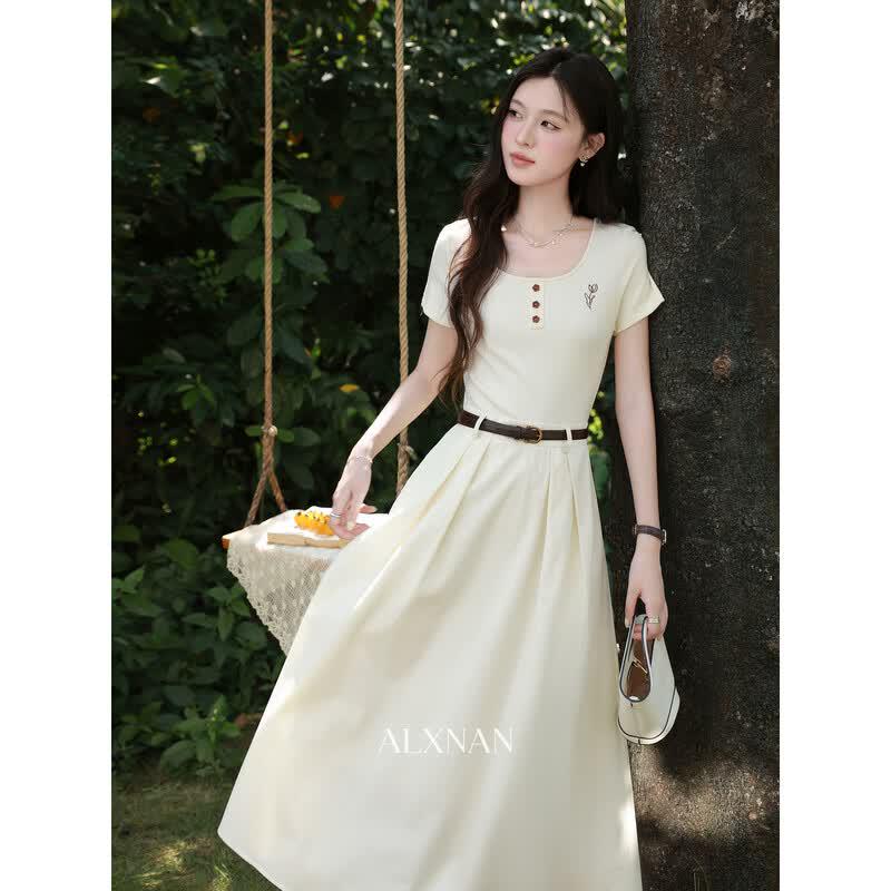 Elegant Apricot Square Neck Faux Two-Piece Midi Dress L