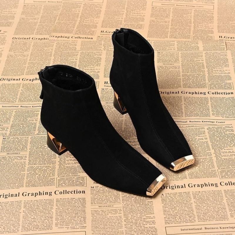 New Women's Retro Square Toe Suede Ankle Boots - Metal Toe Back Zipper Chunky Heel  Boots Design Autumn Winter