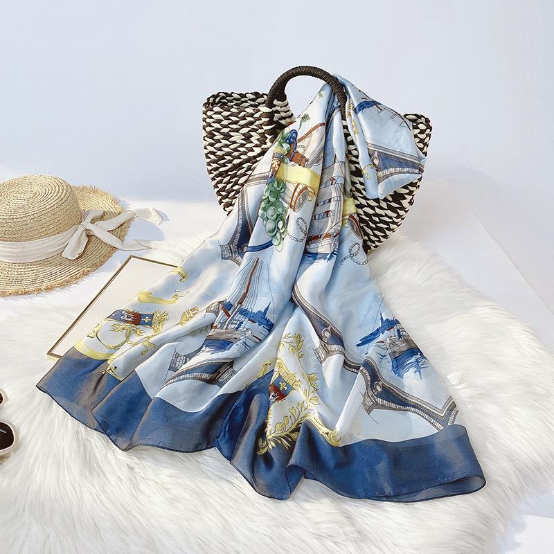 Women Scarf Fashion Sweet Printed Sunscreen Shawl Satin Mid-length Silky Scarf