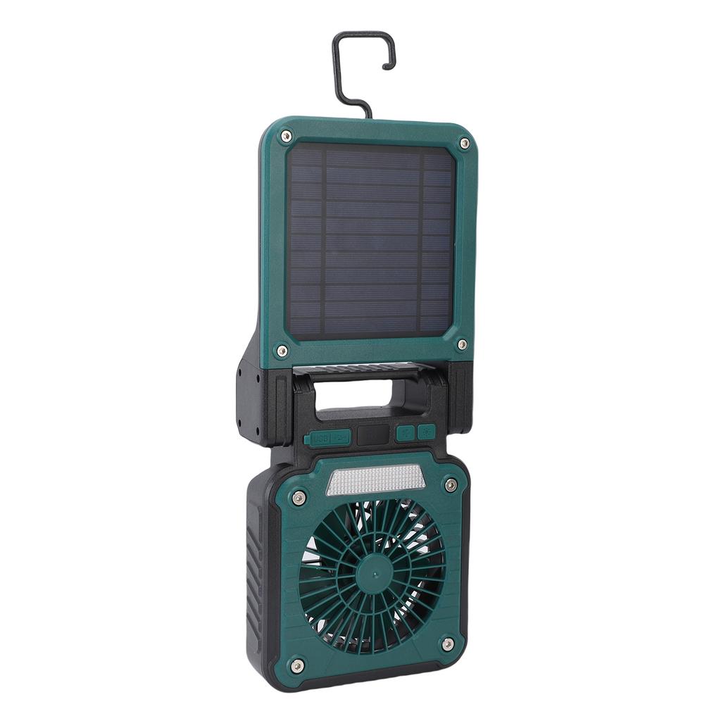 Solar Camping Fan with LED Light 3 Wind Speeds 5 Lighting Modes Rechargeable Solar Powered Fan for Tent Hiking Emergency