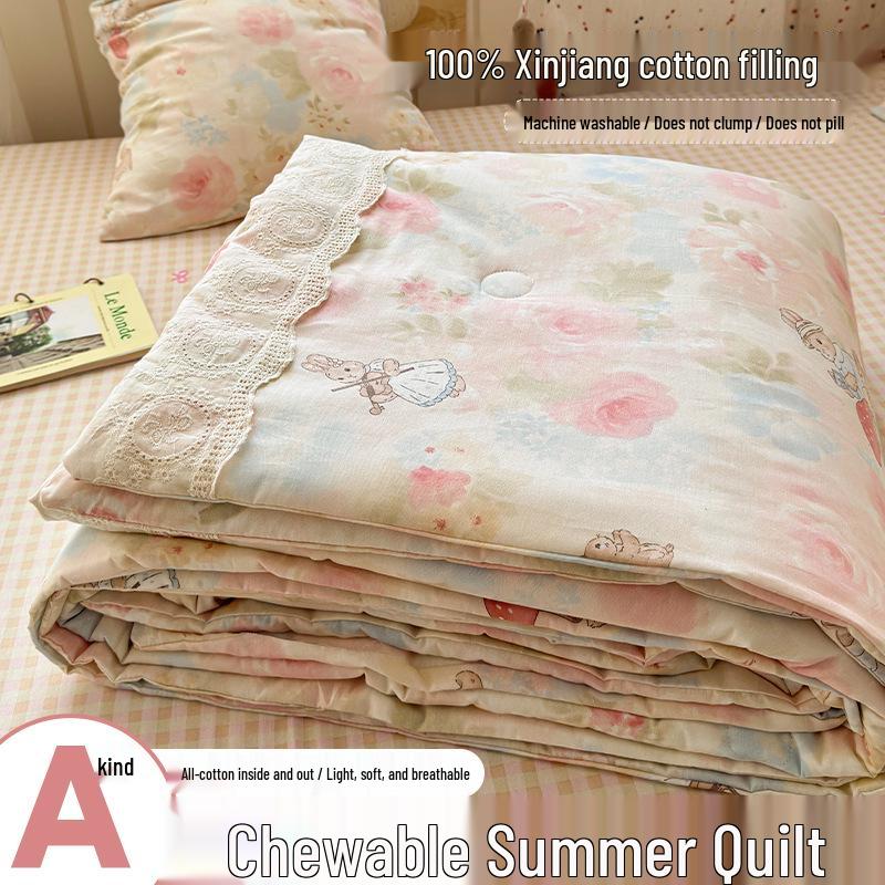 Pure Cotton Summer Quilt Set - 4 Pieces, Machine Washable, Ideal for Dorms
