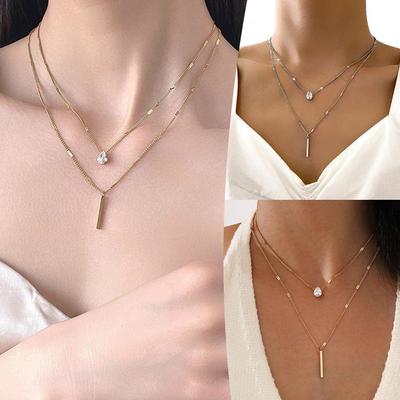 Wysokiej jakości prosty podwójny naszyjnik z warstwą i kroplami brukowany klasyczny dla kobiet biżuteria obojczyk Cha Q2H9