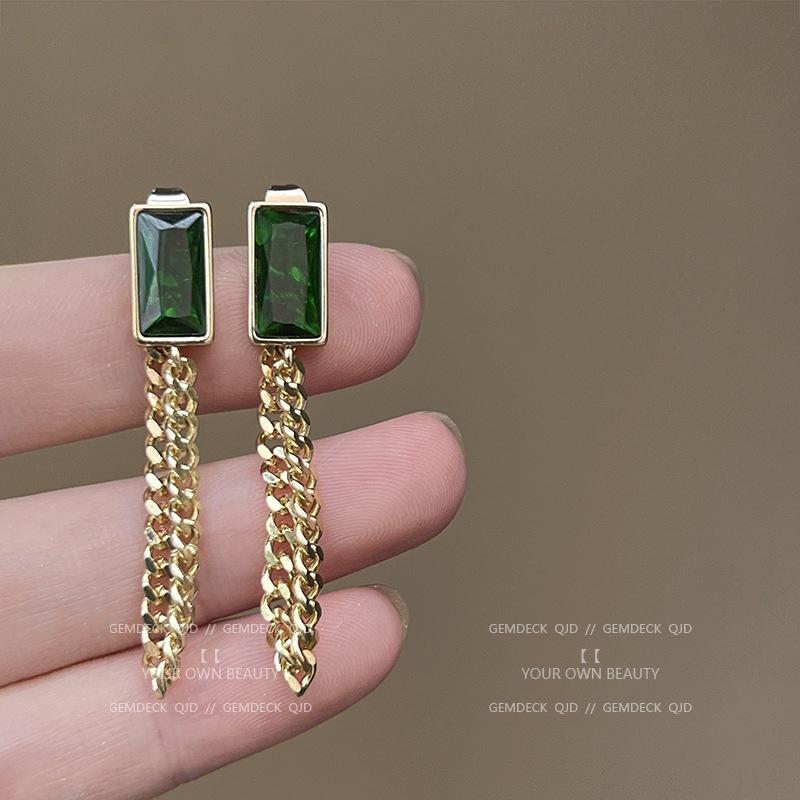 S silver needle retro grandmother green zircon earrings women s niche temperament long chain fringed stud earrings 925 silver needle изумрудный