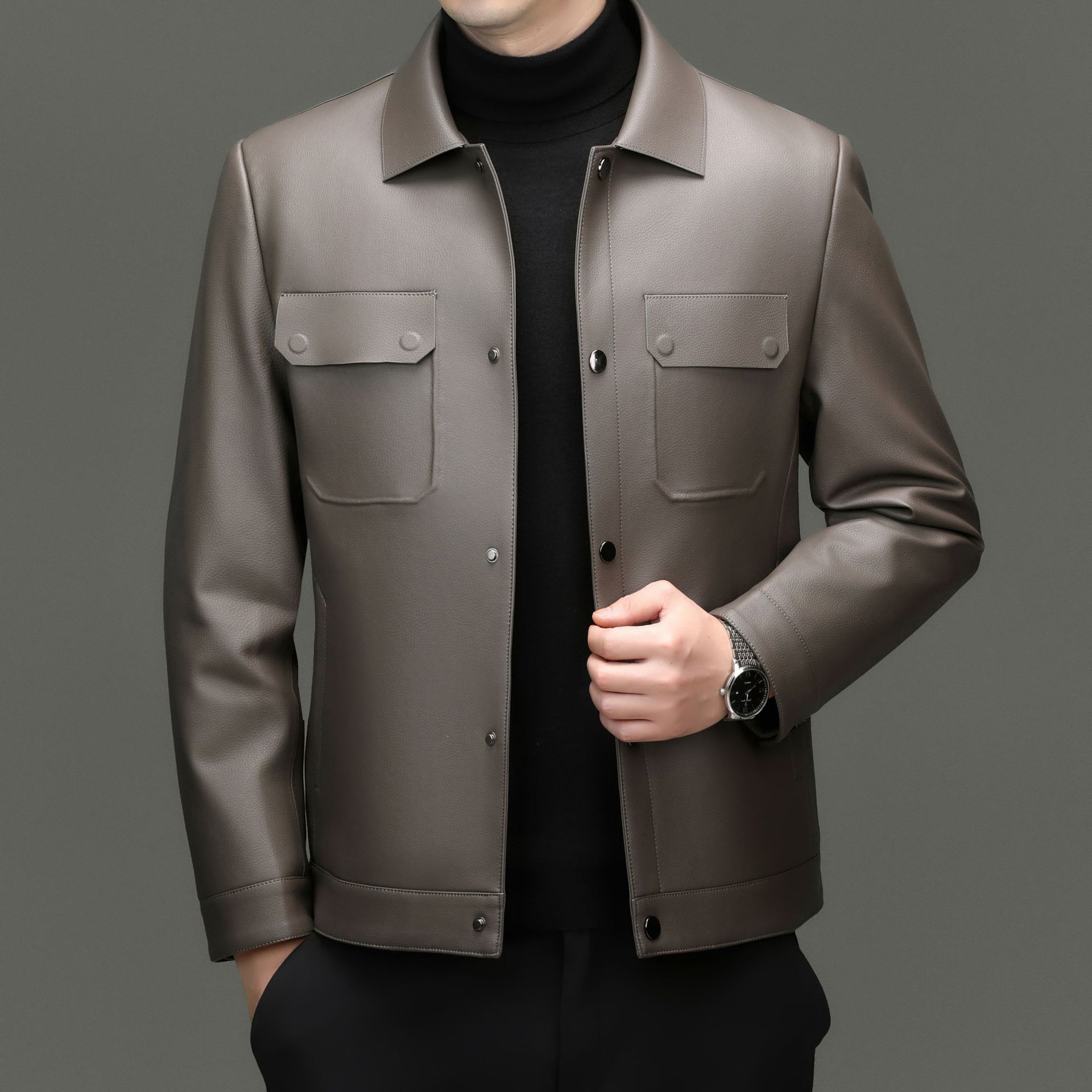 

Мужская куртка из натуральной кожи на осень и зиму, куртка с лацканами из овчины для пап среднего возраста, повседневная куртка со съемным пуховиком 195