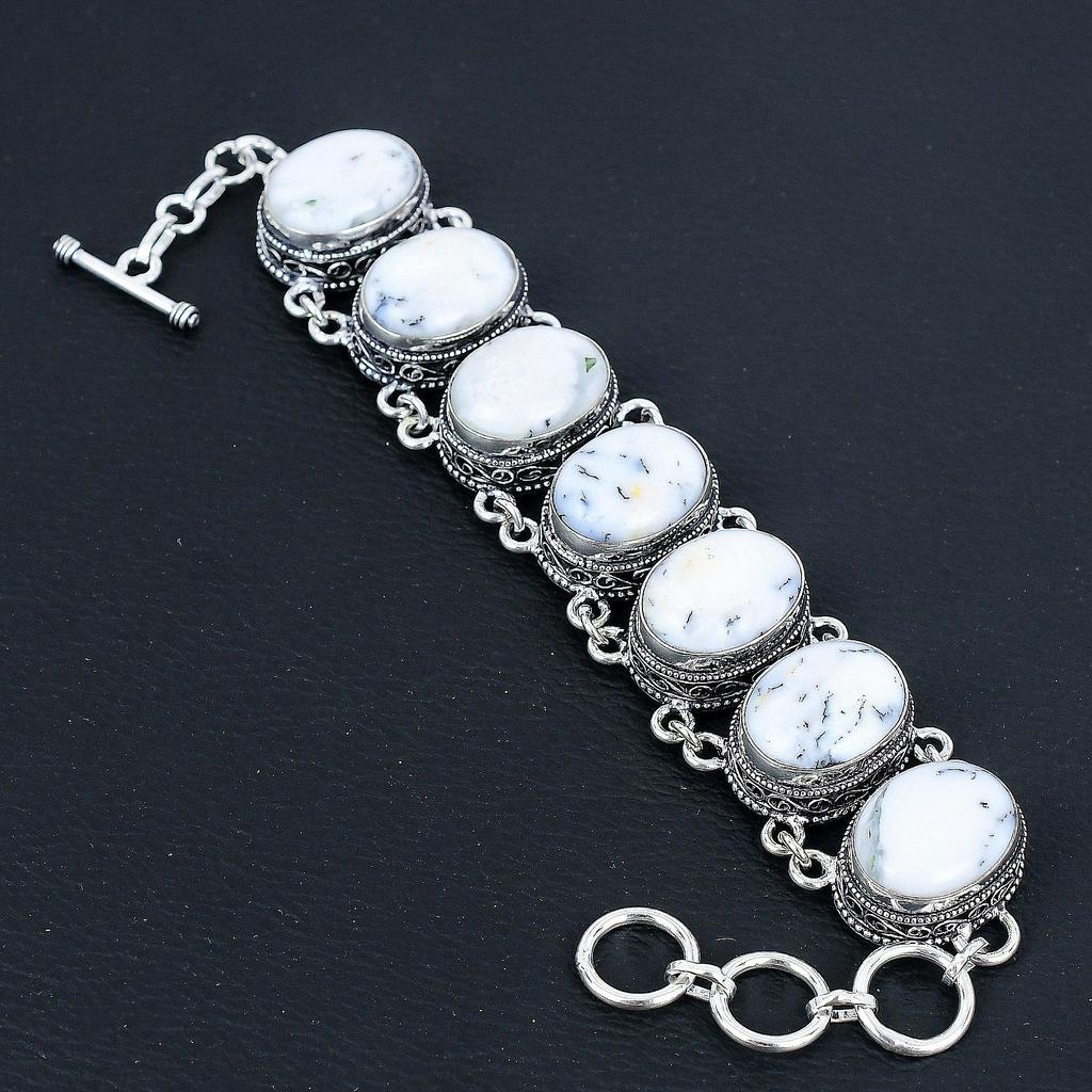 Natural Dendrite Opal Gemstone Handmade 925 Sterling Silver Jewelry Dendrite Opal Neclace Bracelet Set, Antique Jewelry Set, Bracelet For Easter Gift