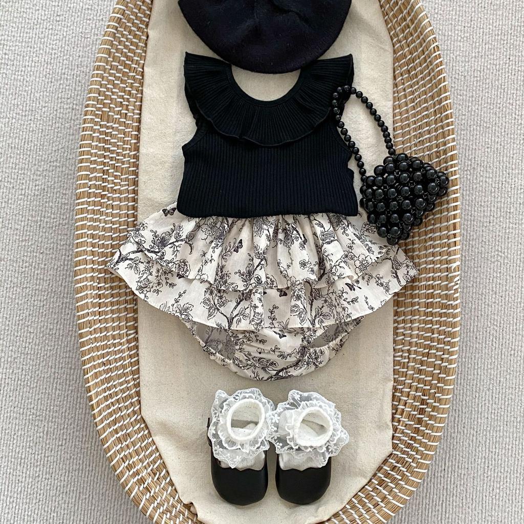 Girls Summer Solid Ruffle Sleeveless Tee And Princess Floral Tiered Skirt Pants Two Piece Outfit Set