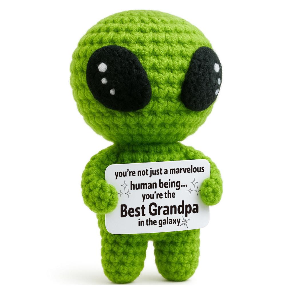 Grünes Alien Positives Häkeltier Puppe Mit Karte Schreibtischschmuck Emotionale Unterstützung Handgefertigt Gestrickt Aufmunterungsspielzeug