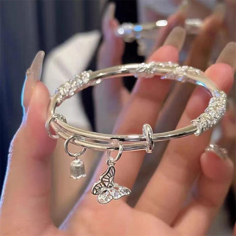 Korean Exquisite Butterfly Flower Push Pull Adjustable Bracelet For Women Copper Color Bowknot Bell Opening Bangle Party Zircon