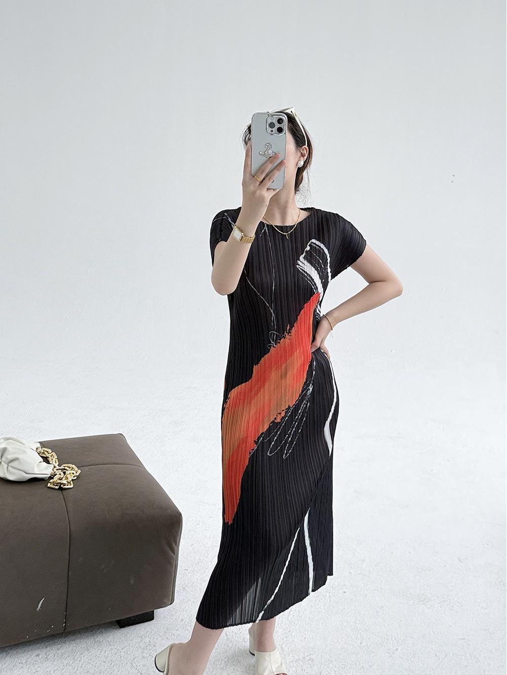 

2025 Elegant Summer Print Crew Neck Slim Fit Dress with Puff Sleeves One Size чёрный