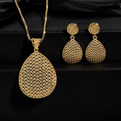 CMM Women's Gold Hollow Teardrop Jewelry Set Mesh Textured Pendant Necklace Matching Earrings Stylish for Occasions Gifting for Women