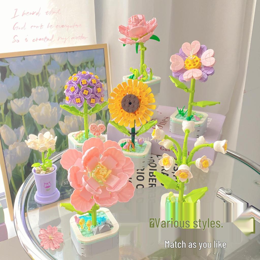 Children's Educational DIY Flower Building Blocks Compatible with LEGO - Handmade Cartoon Toy Set for Elementary Students