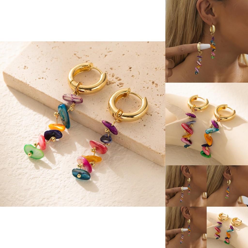 Colorful Plated Copper Earrings With Natural Stones Trendy Geometric Design For Women