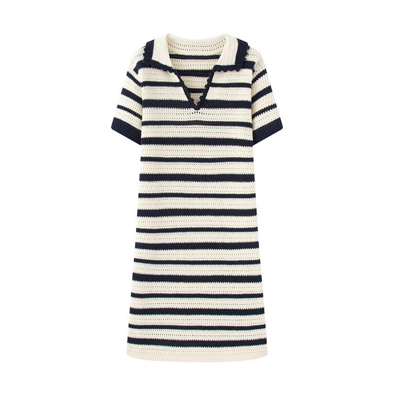 

2025 Summer Retro European & American Striped Knit Polo Dress - Women s Short Sleeve Small