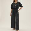 Women's Fashionable Solid Color V-neck  Button Short Sleeved Casual Loose Wide Leg Pants Jumpsuit