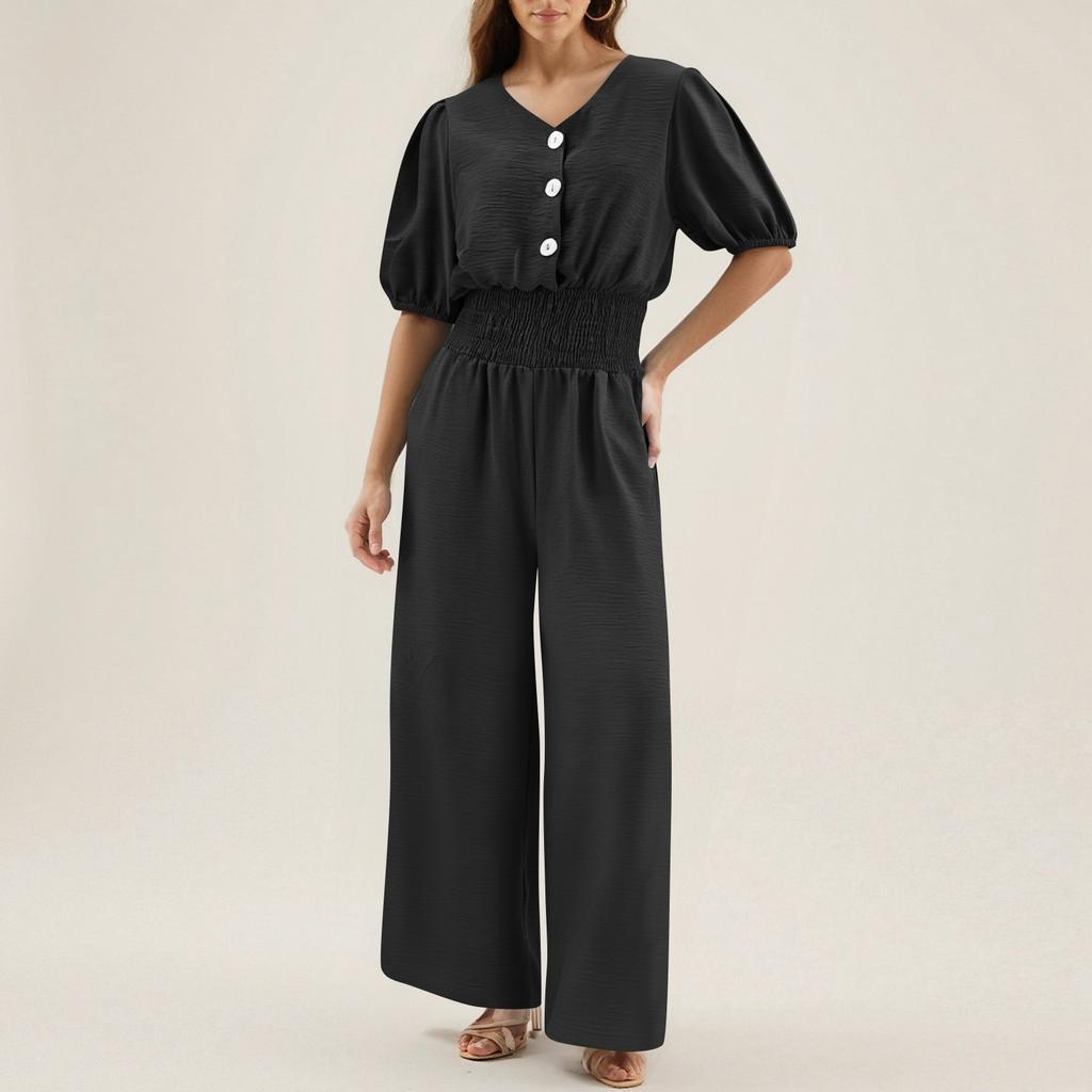 Women's Fashionable Solid Color V-neck  Button Short Sleeved Casual Loose Wide Leg Pants Jumpsuit