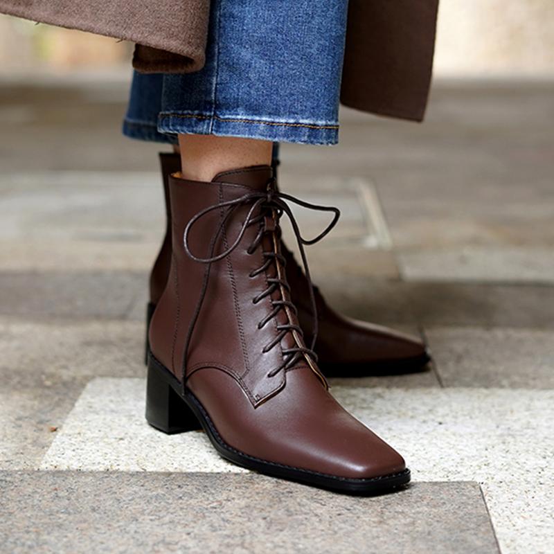 Fashion 2025 New Women Shoes Genuine Leather Ankle Boots Lace-up Thick Heels Motorcycle Boots Square Toe Warm Short Street Fashion Boots