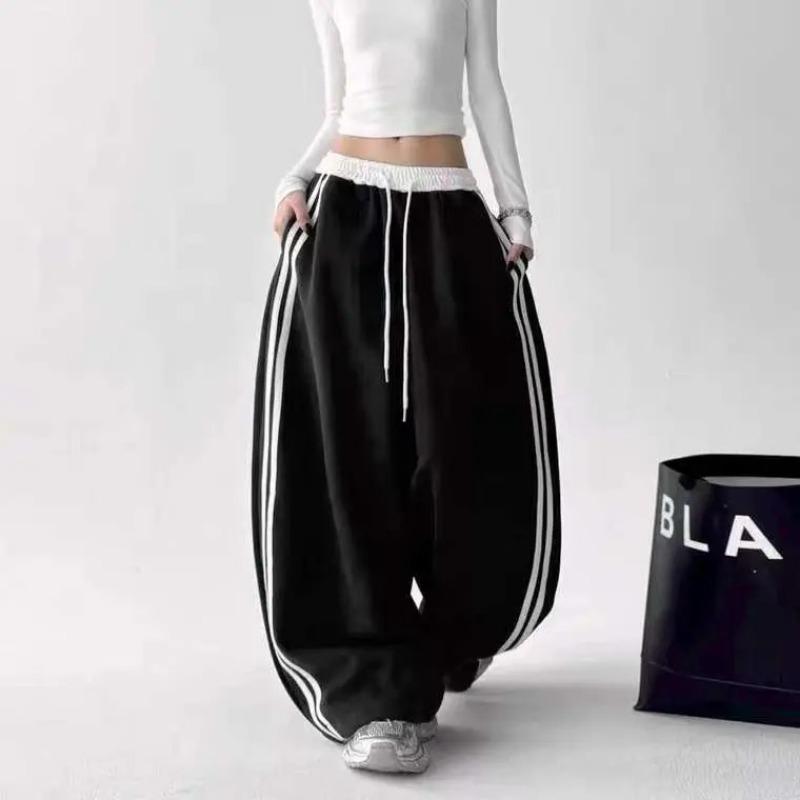 Striped contrasting color wide-leg pants women's autumn new high-waisted loose and thin straight casual floor-mopping trousers