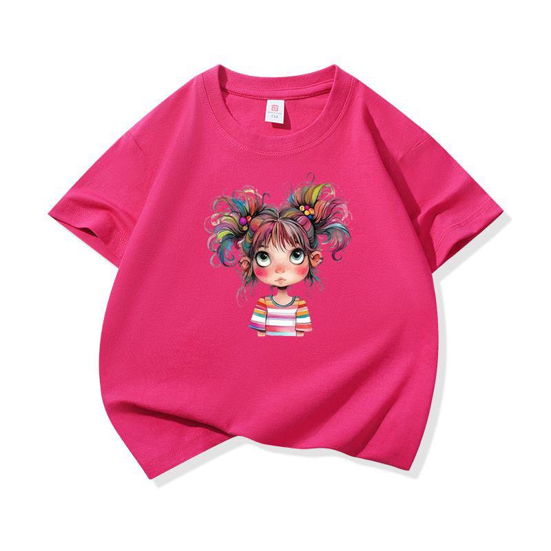 Kids Cotton T Shirt Bright Rainbow Hair Girl Watercolor Print Crew Neck Short Sleeve Tee Casual Boys Girls Summer Tops