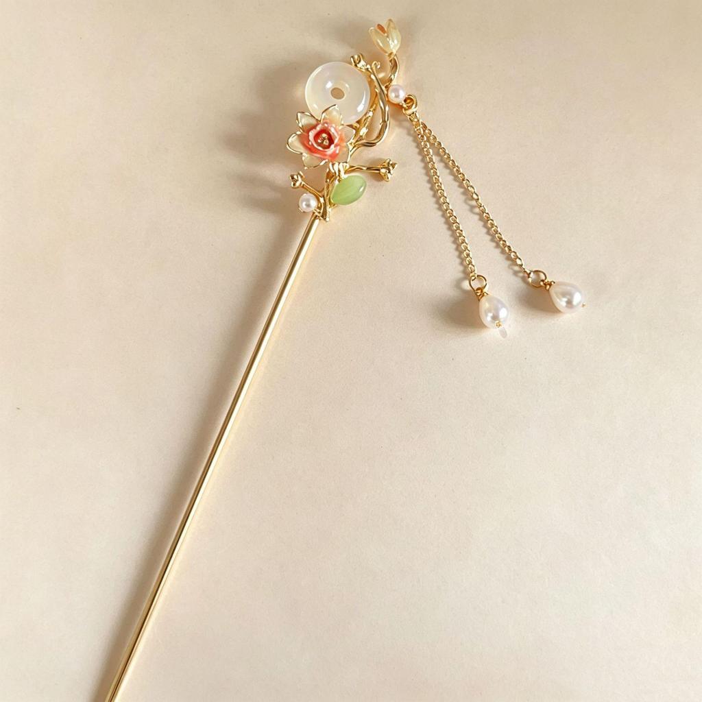 Elegant Chinese-Style Flower Peace Buckle Hair Stick with Tassels – Ancient-Style Hanfu Hair Accessory for Women
