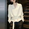 Lazy gray V-neck sweater women's 1011 spring new high-end foreign-style age-reducing lace-up waist knitted top