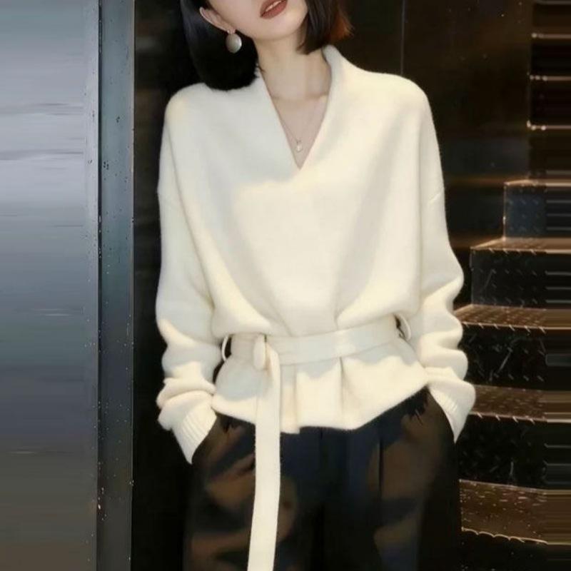 Lazy gray V-neck sweater women's 1011 spring new high-end foreign-style age-reducing lace-up waist knitted top