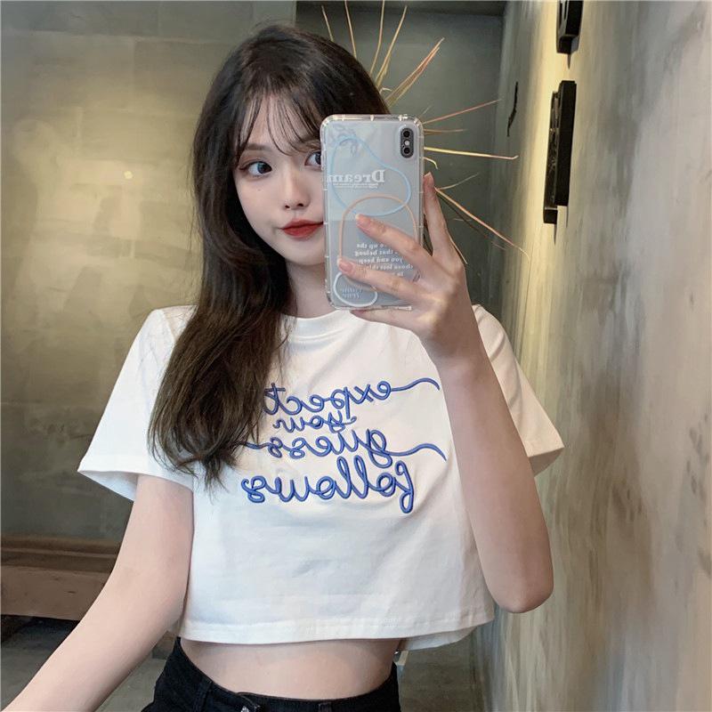 Summer 2024 Korean Style Letter Embroidered Cropped Slim Fit T-Shirt for Women