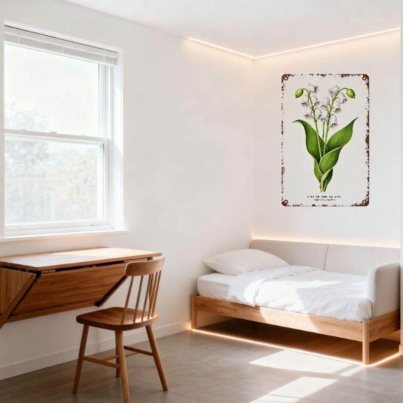 Vintage Lily of the Valley Metal Tin Sign, Convallaria Majalis Botanical Print Distressed Rusty Border Wall Decor for Home Bar C