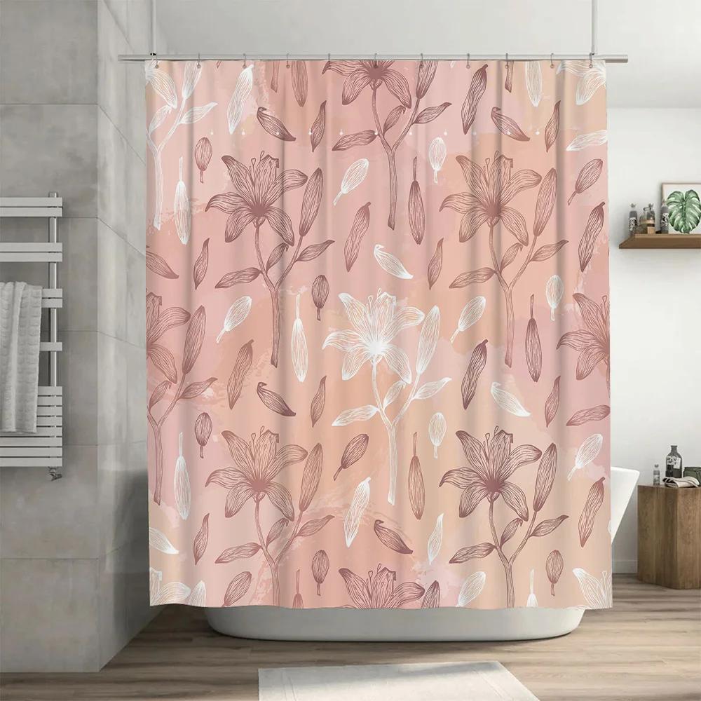 Vintage Pink White Floral Printed Shower Curtain Home Decor Bathroom Accessories Modern Waterproof Fabric 180x240cm