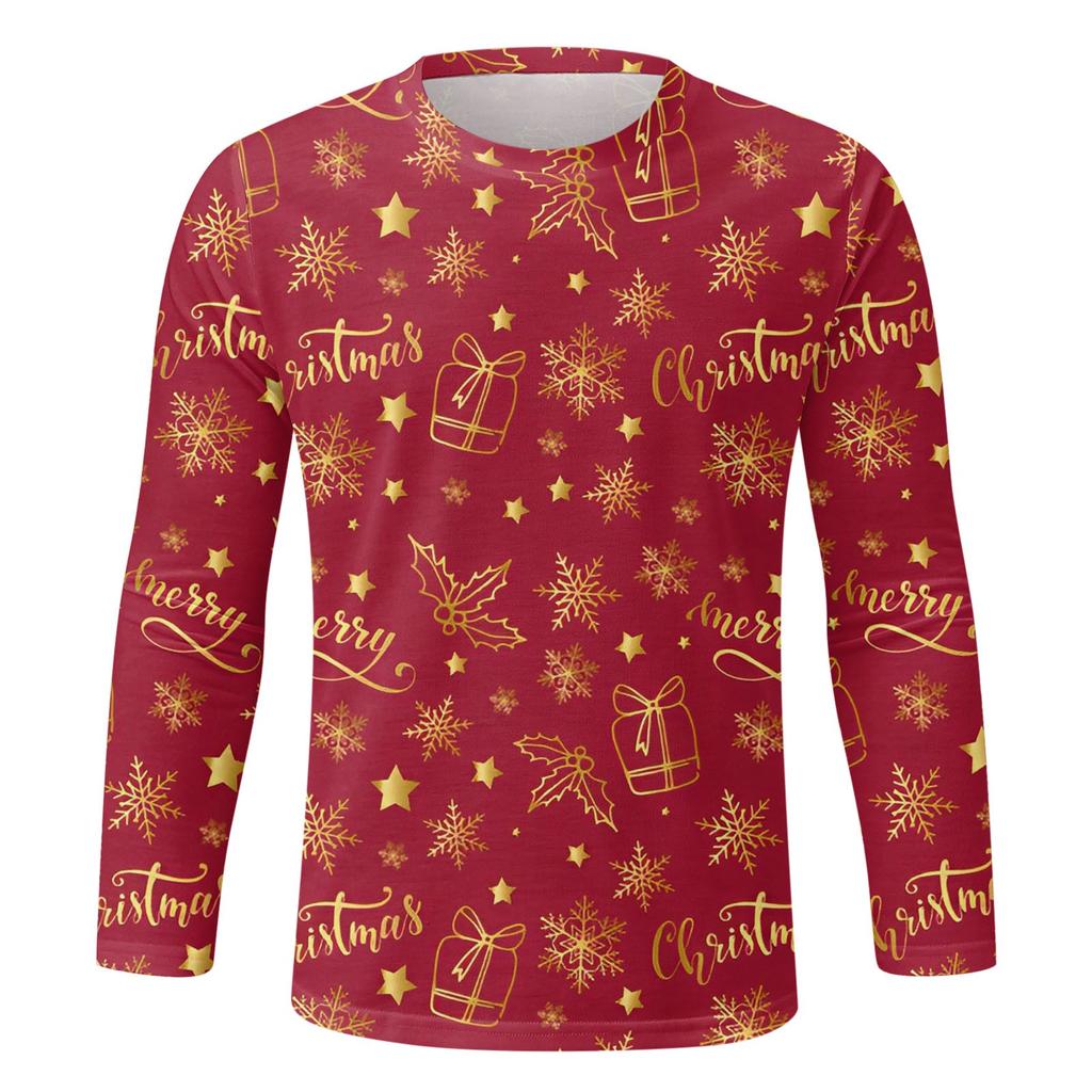 Men's Casual Personality Fashion Christmas Print Round Neck Long Sleeve T-shirt