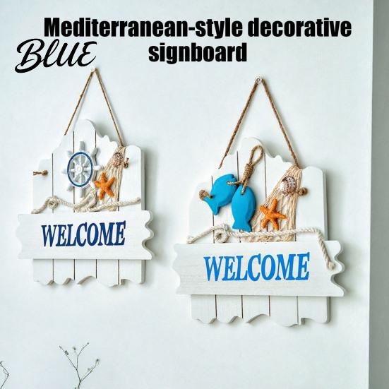 Beach House Accessories Mediterranean Style Wooden Welcome Sign, Starfish And Shells Hanging Nautical Decor Plaque, Decorative Wall Art for Home Porch