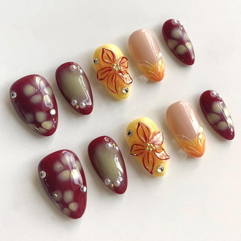 Pink French Tip Press on Nails Medium Almond Fake Nails with 3D Flower Designs Glossy Acrylic False Nails Golden Bead Artificial Glue on Nail