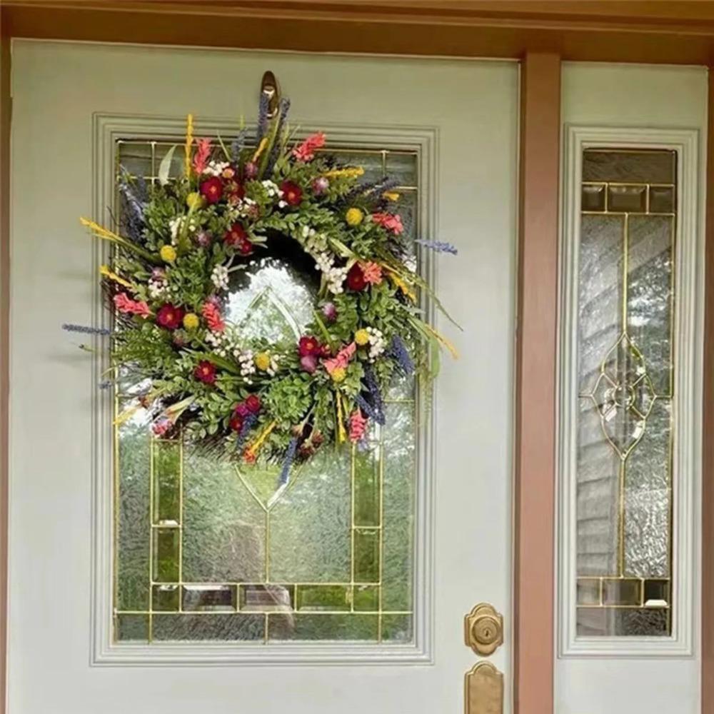 15.74 Colorful Wildflower Spring and Summer Wreath with Green Leaves, Artificial Wreath (Green, Size M)