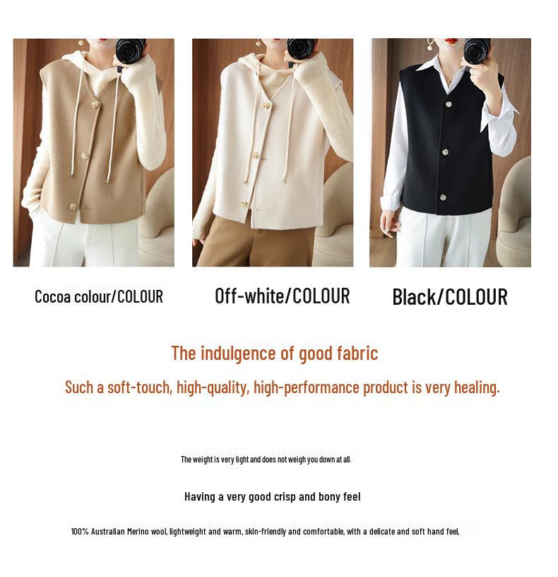 Women's Wool Blend V-Neck Vest: Petite Sleeveless Cardigan with Shoulder Pads, 100% Double-Faced Wool for Autumn & Winter.