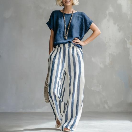 Summer 2 Piece Sets for Women Short Sleeve Crew Neck Top And Wide Leg Pants Sets Casual Striped Loungewear Outfits
