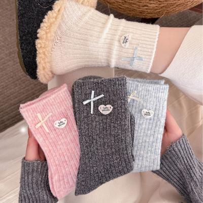Thickened Buttons, Korean Bows, Gray Wool Socks, Love Girl Socks, Piles Of Socks