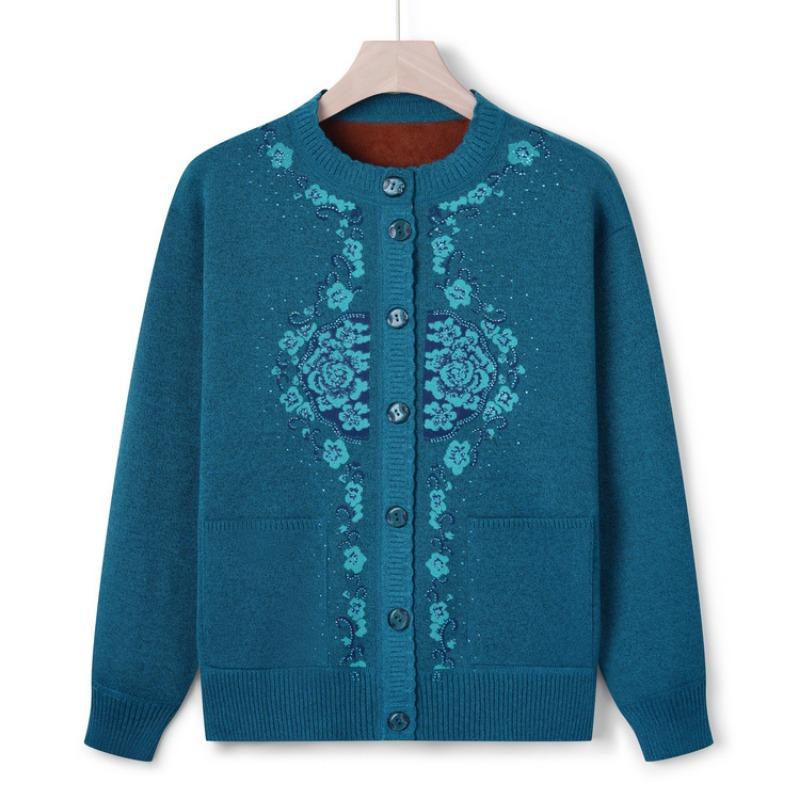 Grandma Autumn and Winter Sweater Women's Middle-aged and Old Knitted Sweater Fleece Cardigan Jacket the Elderly Mother's New Thickened Top