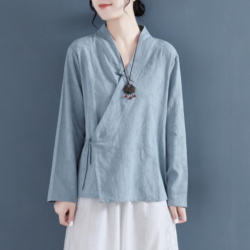 Chinese Traditional Blouse for Women Casual Cotton Linen V Collar Button Hanfu Suit Top Cosplay Costumes Woman Clothing