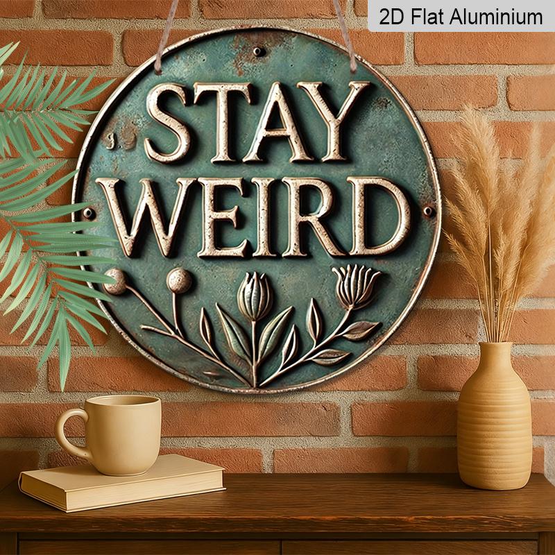 2D Flat, 1pc Round Aluminum Hanging Sign, Vintage Aged Green Patina Stay Weird Letter & Wildflower Rivet Design, Rustic Metal Plaque, Serves As a