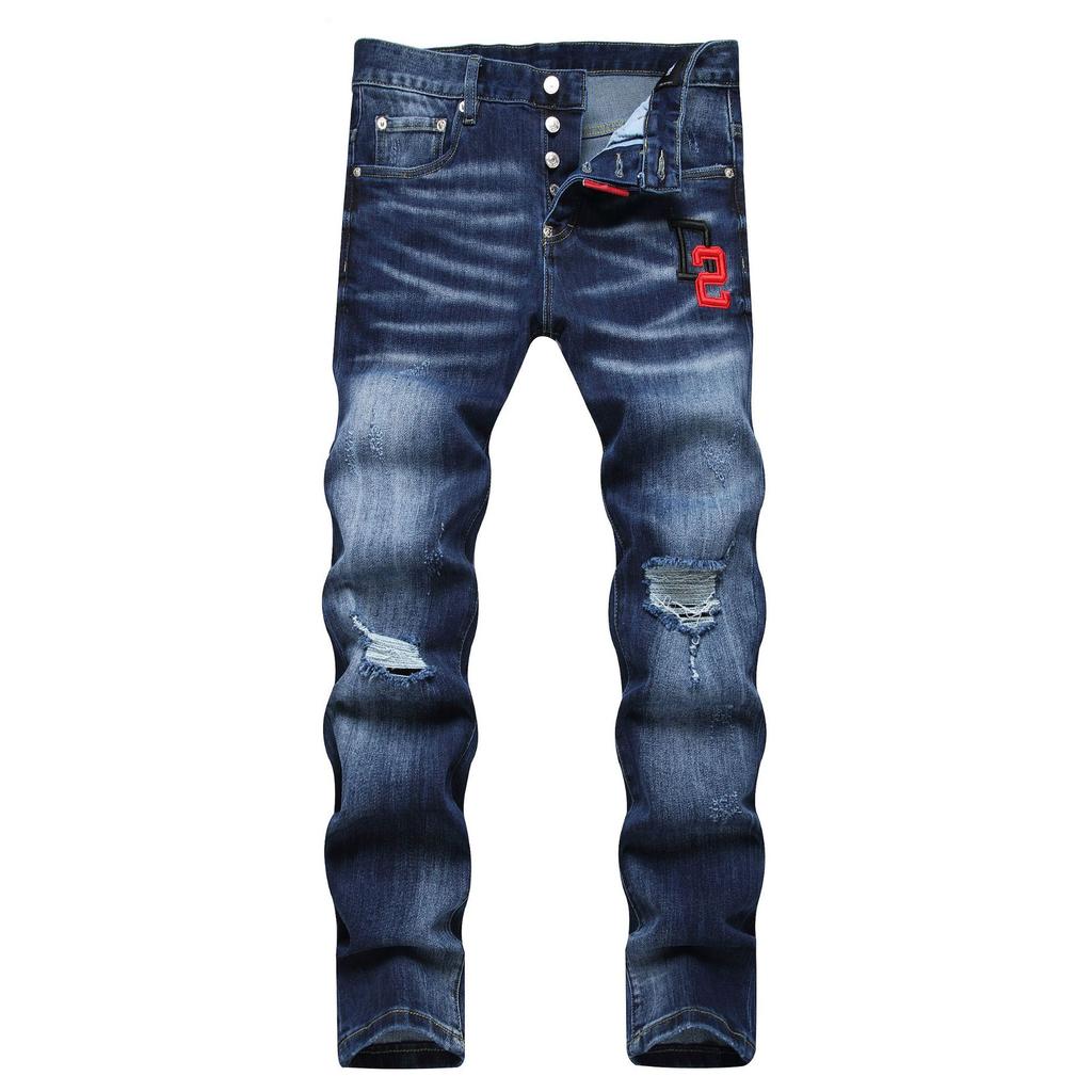 New Trendy Brand Fashionable Street Men's Embroidered Ripped Jeans Daily Slim Fit Small Straight Leg Mid Waist Pants